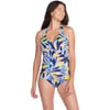 Speedo Womens Swimsuit One Piece VNeck Shirred Halter Moderate CutCoastal Leaves Blue