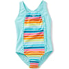 Speedo Girls Swimsuit One Piece Thick Strap Racer Back PrintedRainbow Stripe Aqua