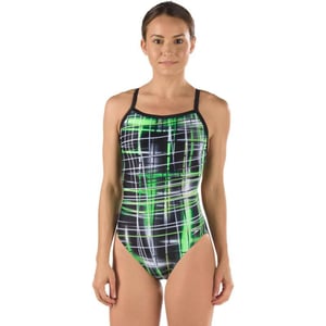 Speedo Womens Powerflex Eco Laser Sticks Flyback SwimsuitLaser Speedo Green