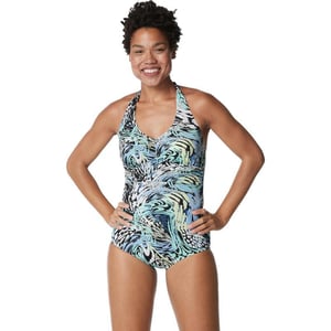 Speedo Womens Swimsuit One Piece VNeck Shirred Halter Moderate CutAnimal Swirl Dark Ivy