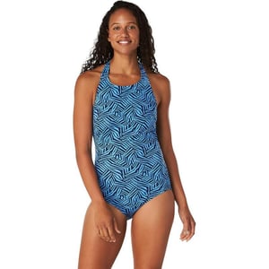 Speedo Womens Swimsuit One Piece VNeck Shirred Halter Moderate CutHigh Neck Bold Animal