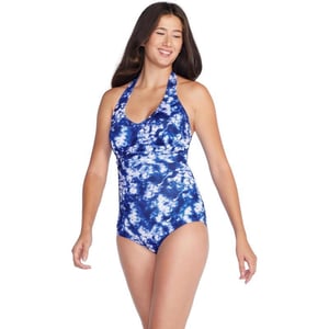 Speedo Womens Swimsuit One Piece VNeck Shirred Halter Moderate CutSeaswept Tie Dye