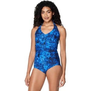 Speedo Womens Swimsuit One Piece VNeck Shirred Halter Moderate CutTurkish Sea