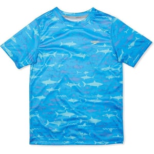 Speedo Boys Uv Swim Shirt Short Sleeve Tee GraphicSharks Ibiza Blue