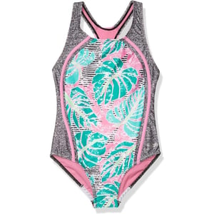 Speedo Girls Swimsuit One Piece Thick Strap Racer Back PrintedFuchsia Pink Splice