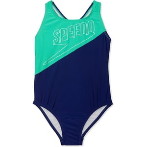 Speedo Girls Swimsuit One Piece Thick Strap Racer Back PrintedLogo Blue Harmony