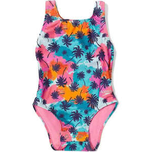 Speedo Girls Swimsuit One Piece Thick Strap Racer Back PrintedPalm Aqua Splash