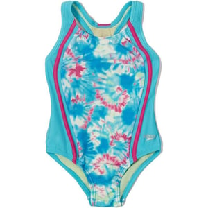 Speedo Girls Swimsuit One Piece Thick Strap Racer Back PrintedTie Dye Blue Atoll Splice