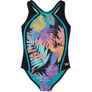 Speedo Girls Swimsuit One Piece Thick Strap Racer Back PrintedTropical Stamp Splice