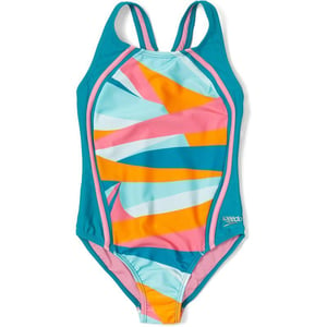 Speedo Girls Swimsuit One Piece Thick Strap Racer Back PrintedWavy Enamal Blue Splice