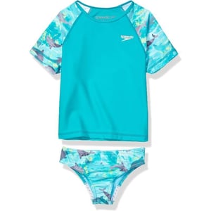 Speedo Girls Printed Short Sleeve Rash Guard tShirt Two Piece Swim SetNew Turquoise