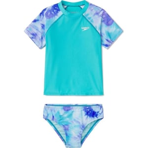 Speedo Girls Printed Short Sleeve Rash Guard tShirt Two Piece Swim SetScuba Blue