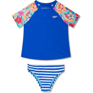 Speedo Girls Printed Short Sleeve Rash Guard tShirt Two Piece Swim SetTrue Cobalt