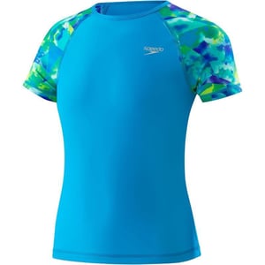 Speedo Girls Uv Swim Shirt Short Sleeve Printed Rashguard  Manufacturer DiscontinuedCyan