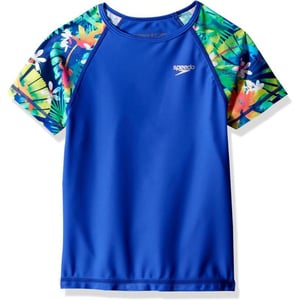 Speedo Girls Uv Swim Shirt Short Sleeve Printed Rashguard  Manufacturer DiscontinuedDark Peri