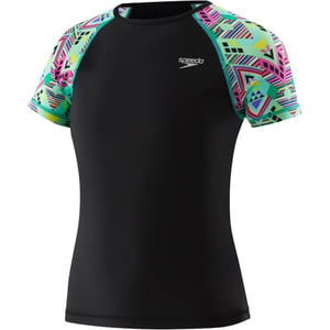 Speedo Girls Uv Swim Shirt Short Sleeve Printed Rashguard  Manufacturer DiscontinuedSpeedo Black