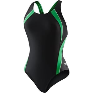 Speedo Womens Powerflex Eco Taper Splice Pulse Back One Piece SwimsuitBlackGreen