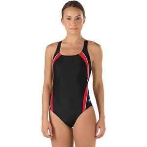 Speedo Womens Powerflex Eco Taper Splice Pulse Back One Piece SwimsuitBlackRed