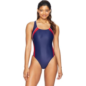 Speedo Womens Powerflex Eco Taper Splice Pulse Back One Piece SwimsuitNavyRed