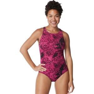 Speedo Womens Swimsuit One Piece High Neck Contemporary CutBlended Ink Festival Fuchsia