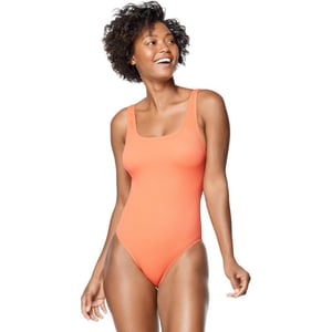 Speedo Womens Swimsuit One Piece Logo Back Strap Contemporary CutRib Hot Coral