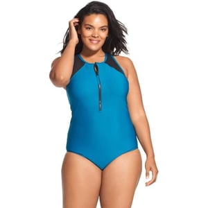 Speedo Womens Swimsuit One Piece Zip Up Mesh Plus SizeCaribbean Sea