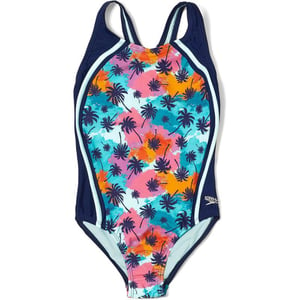 Speedo Girls Swimsuit One Piece Thick Strap Racer Back PrintedPalm Aqua Splash Splice