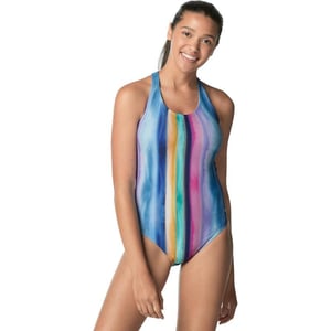 Speedo Womens Swimsuit One Piece Thin Strap High CutRainbow Stripe