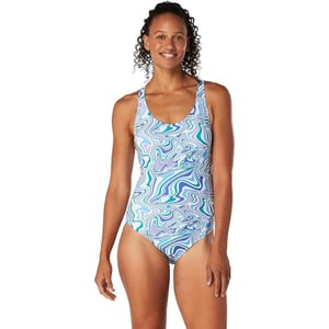 Speedo Womens Swimsuit One Piece Thin Strap High CutTopography Swirl Dazzling Blue