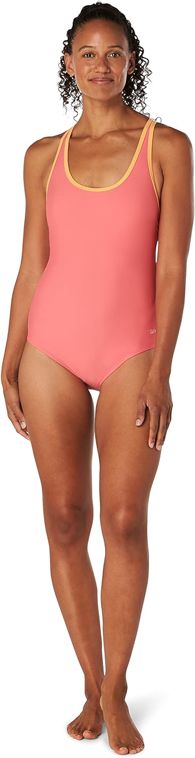 Speedo Womens Swimsuit One Piece Contrast Binding High CutSun Kissed Coral