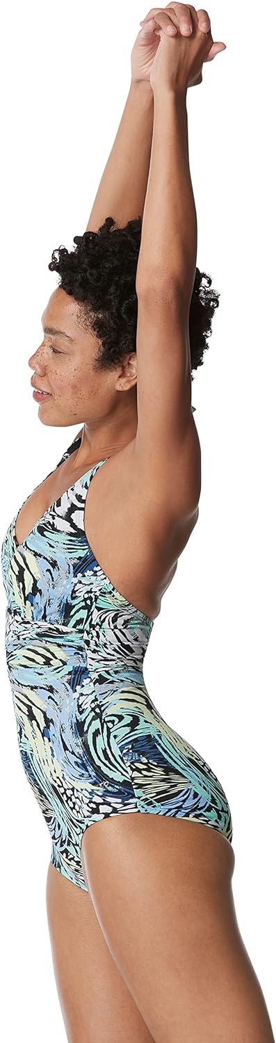 Speedo Womens Swimsuit One Piece VNeck Shirred Halter Moderate CutAnimal Swirl Dark Ivy