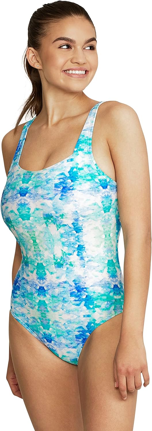 Speedo Womens Swimsuit One Piece Adjustable Square Neck Contemporary CutBlended Tie Dye