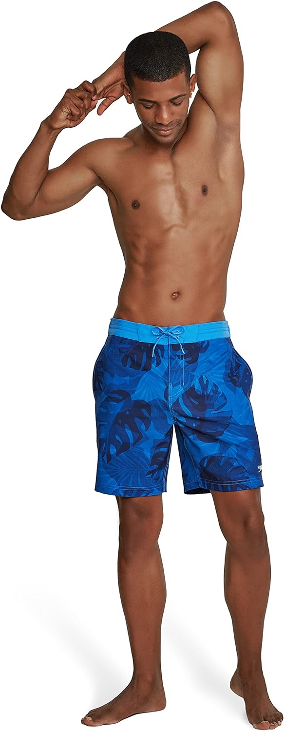 Mens Swim Trunk Knee Length Boardshort Bondi Printed18 Palm Palace Blue