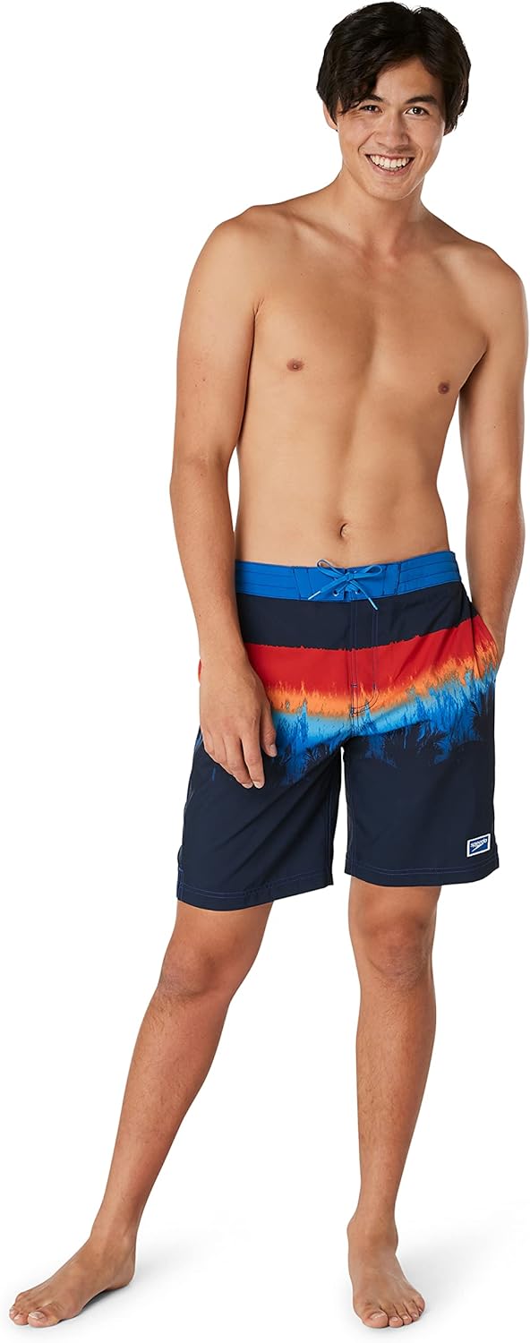 Mens Swim Trunk Knee Length Boardshort Bondi Printed20 Above the Trees Peacoat