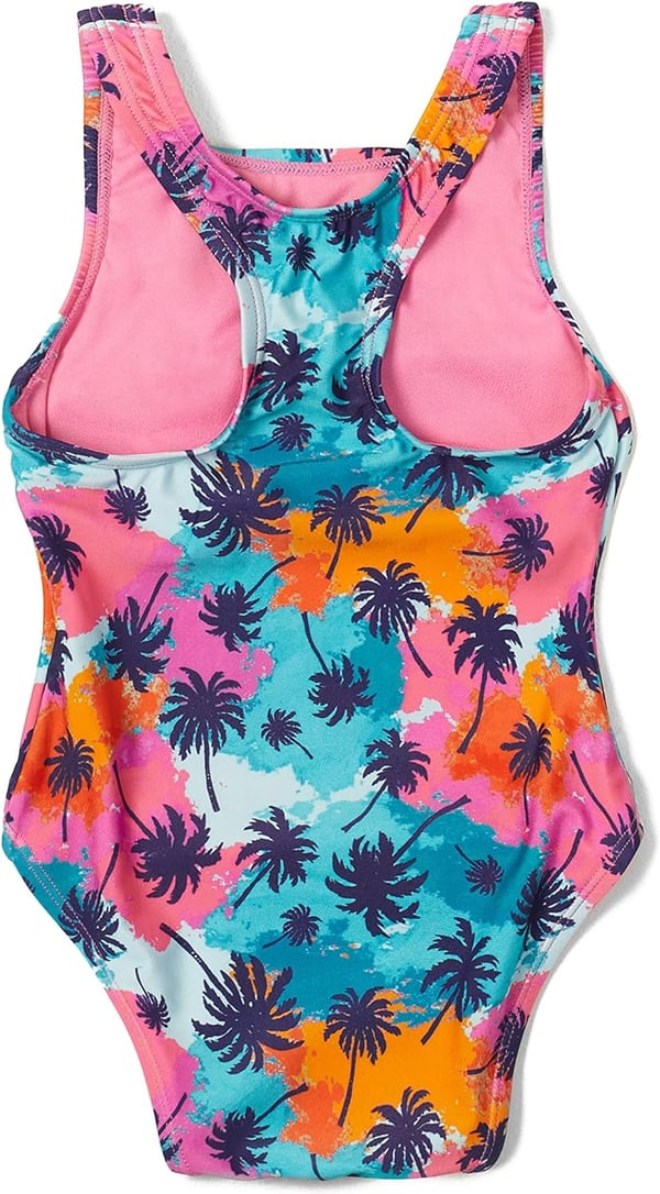 Speedo Girls Swimsuit One Piece Thick Strap Racer Back PrintedPalm Aqua Splash