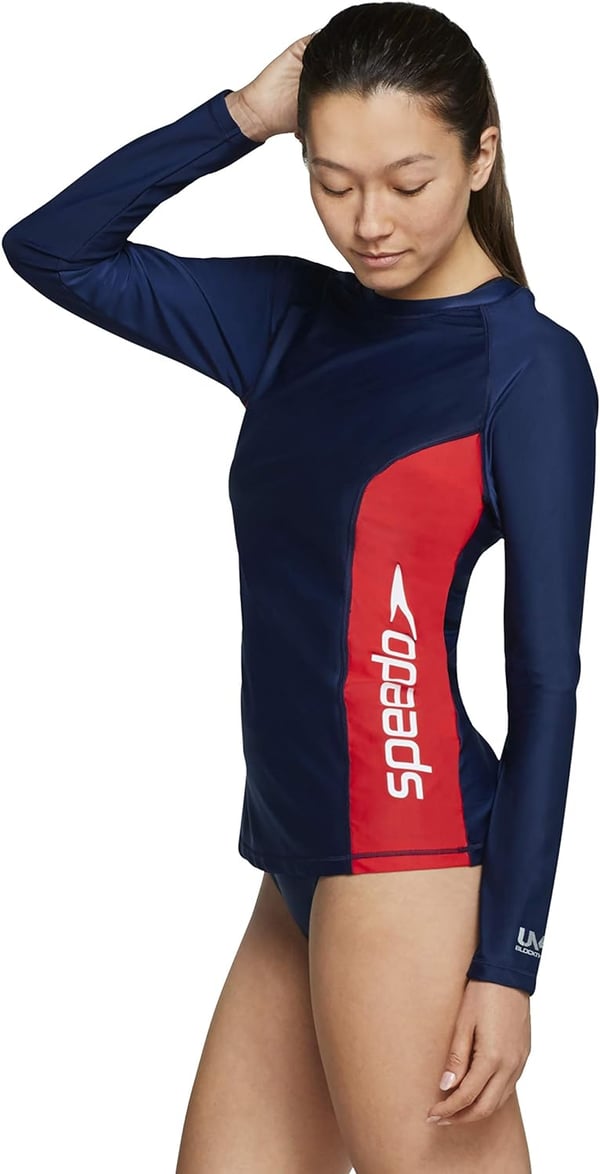 Speedo Womens Uv Swim Shirt Long Sleeve RashguardRedWhiteBlue Logo