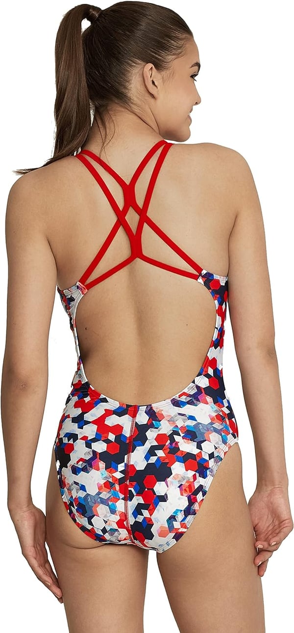 Speedo Womens Swimsuit One Piece Thin Strap High CutPrism RedWhiteBlue