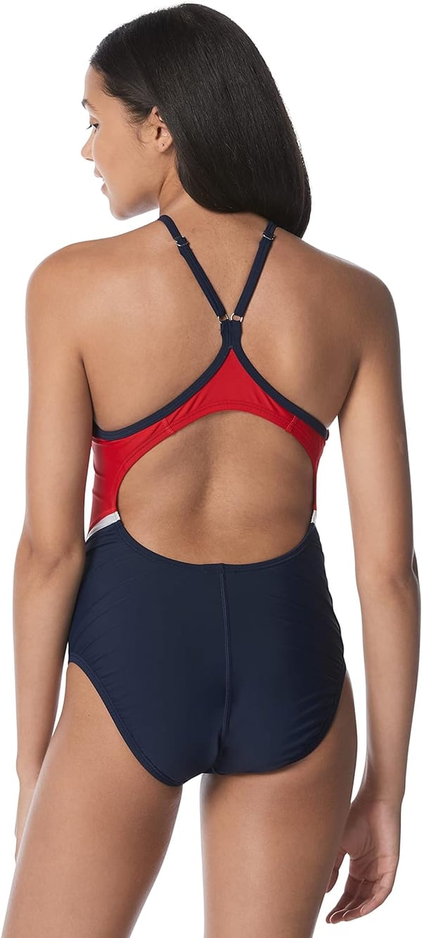 Speedo Womens Swimsuit One Piece Quantum Splice Thin Strap High Cut SolidFusion RedWhiteBlue