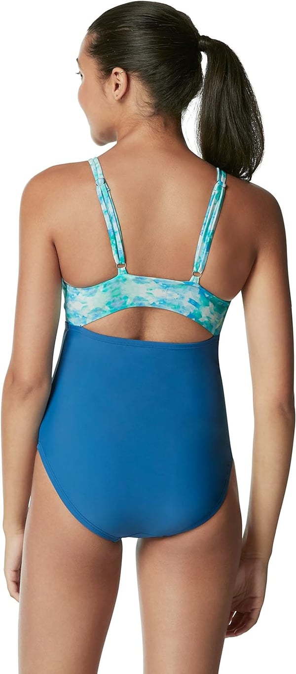 Speedo Womens Swimsuit One Piece Adjustable Square Neck Contemporary CutBright Cobalt