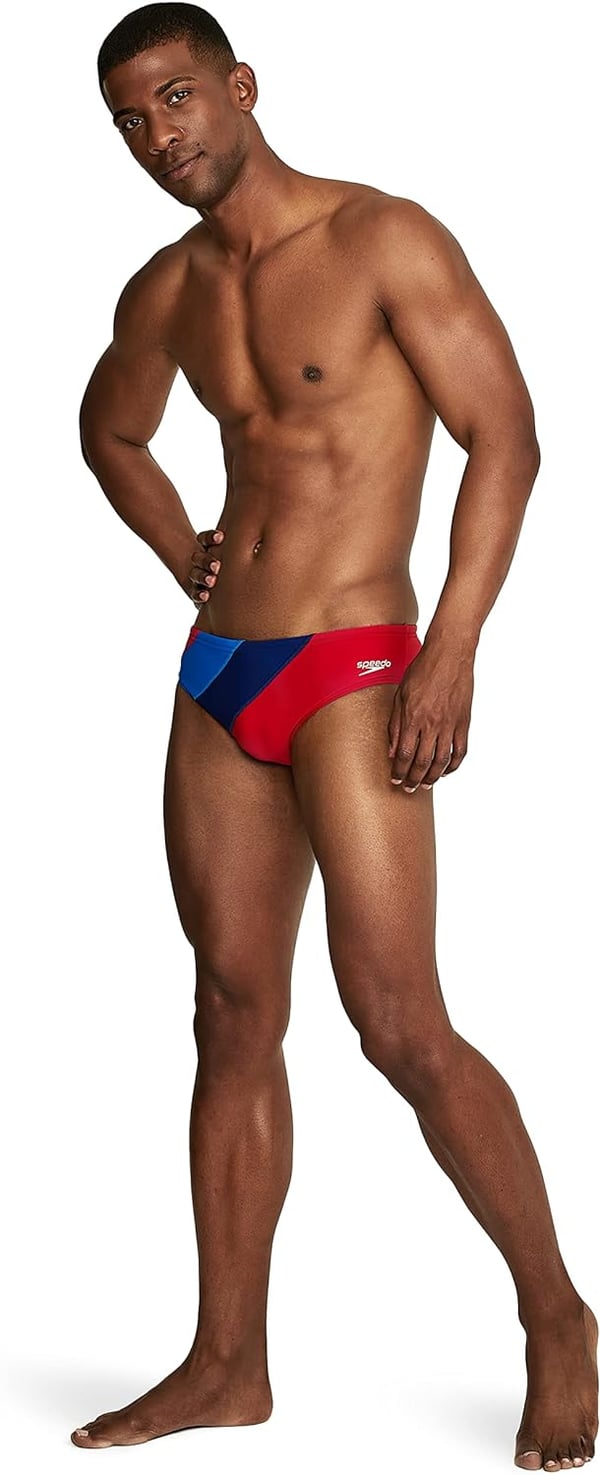 Speedo Mens Swimsuit Brief PowerFlex Eco SolarBlock RedWhiteBlue