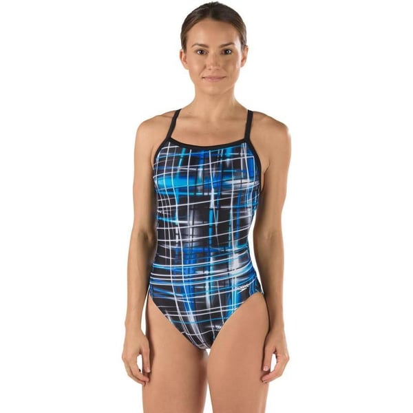 Speedo Womens Powerflex Eco Laser Sticks Flyback SwimsuitLaser Speedo Blue