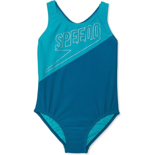 Speedo Girls Swimsuit One Piece Thick Strap Racer Back PrintedLogo Ocean Depths