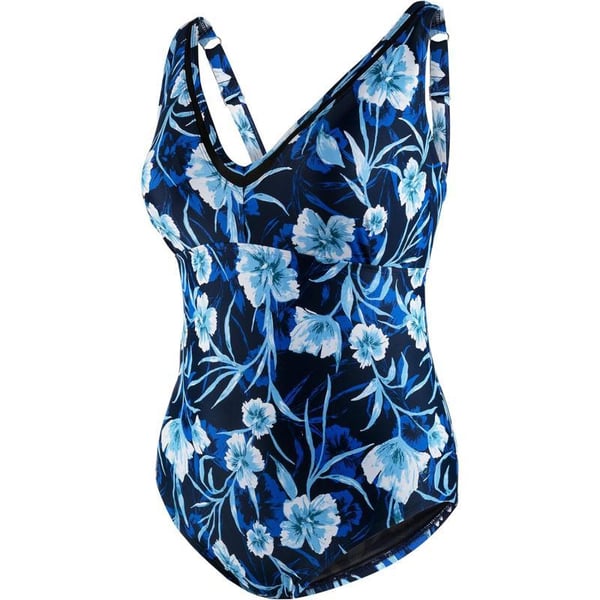 Speedo Womens Swimsuit One Piece VNeck Plus Size PrintedPeacoat