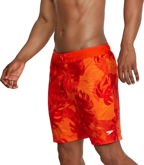 Mens Swim Trunk Knee Length Boardshort Bondi Printed18 Palm Spicy Orange