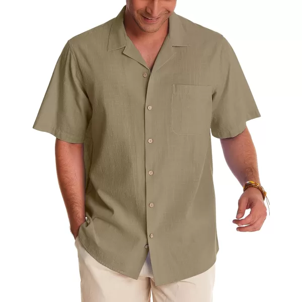 Alimens &amp; Gentle Mens Linen Shirts Short Sleeve Button Down Shirts Cotton Summer Beach Cuban Shirts Vacation Hawaiian Shirts