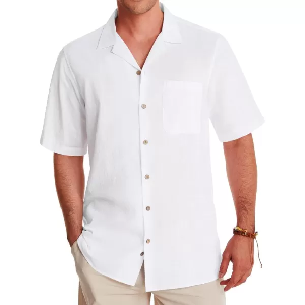 Alimens &amp; Gentle Mens Linen Shirts Short Sleeve Button Down Shirts Cotton Summer Beach Cuban Shirts Vacation Hawaiian Shirts