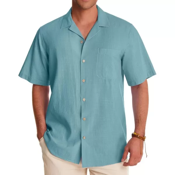 Alimens &amp; Gentle Mens Linen Shirts Short Sleeve Button Down Shirts Cotton Summer Beach Cuban Shirts Vacation Hawaiian Shirts