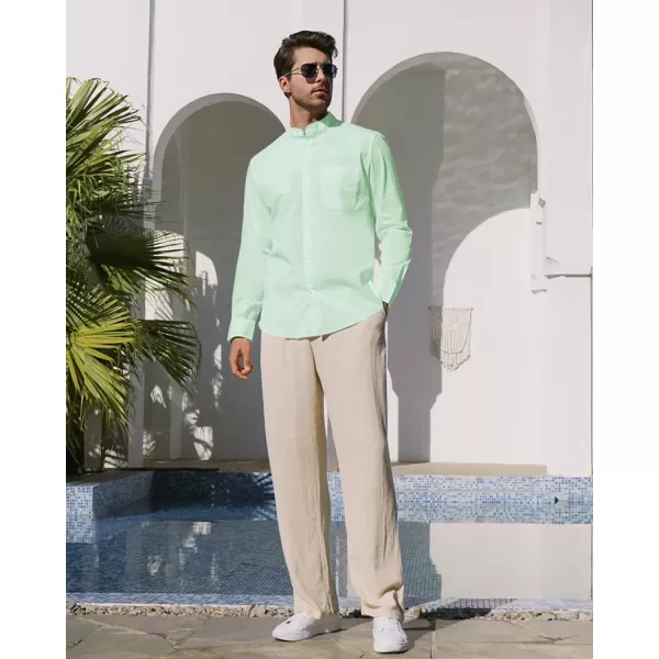 Alimens &amp; Gentle Men's Cotton Linen Shirts Long Sleeve Button Down Shirt Band Collar Beach Shirts
