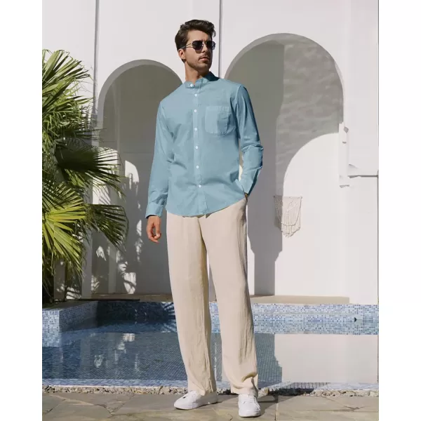 Alimens &amp; Gentle Men's Cotton Linen Shirts Long Sleeve Button Down Shirt Band Collar Beach Shirts