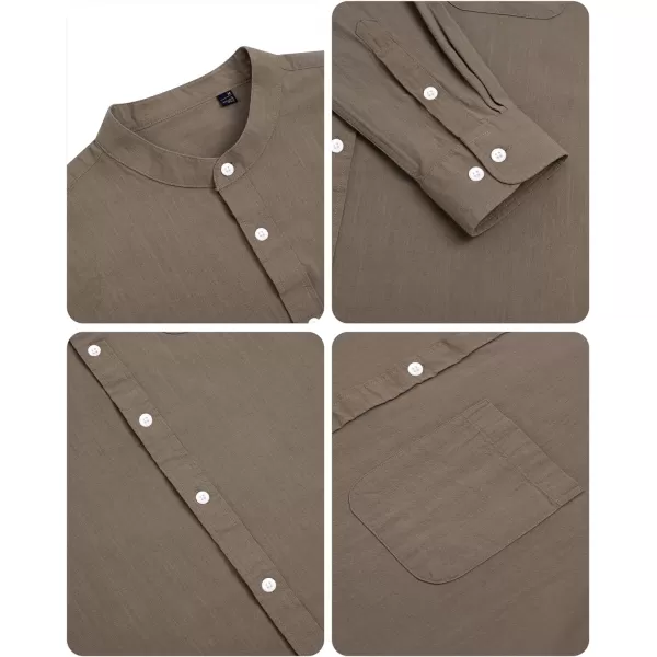 Alimens &amp; Gentle Men's Cotton Linen Shirts Long Sleeve Button Down Shirt Band Collar Beach Shirts
